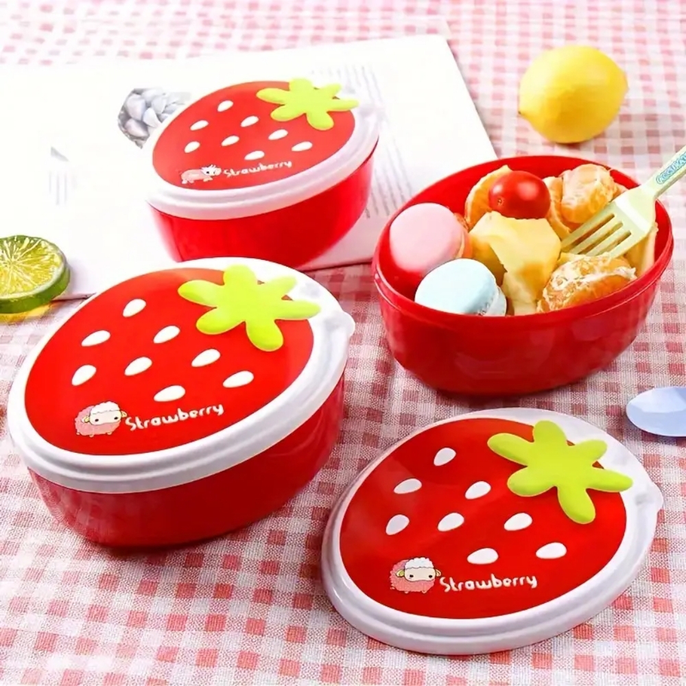 Strawberry Plastic Containers Snacks Fruits Lunch Set of 4